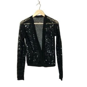 Black Sequin Mesh Cardigan Sweater Sparkly Open Front Party Holiday Top XS/S